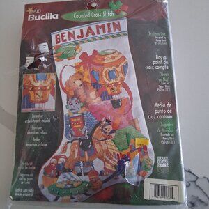 Bucilla Benjamin 84639 Cross Stitch Christmas Stocking Kit Vintage Toys NIP